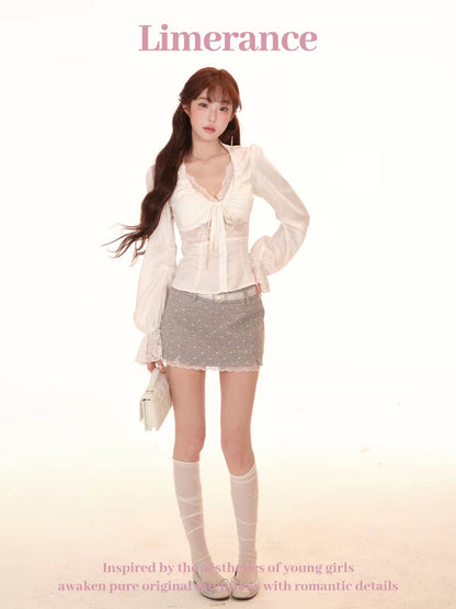 [Pre-order] Limerance Pure Desire Two-Piece Lace Tencel Shirt with Padded Bra and Polka Dot Low-Waisted Skirt