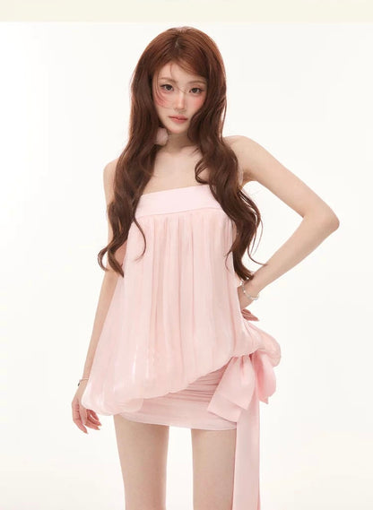 [Pre-order] Limerance Sweet Pear Puff Glitter Strapless Top with Puffy Flower Bud, Ruffled Skirt with Bow - Summer Set