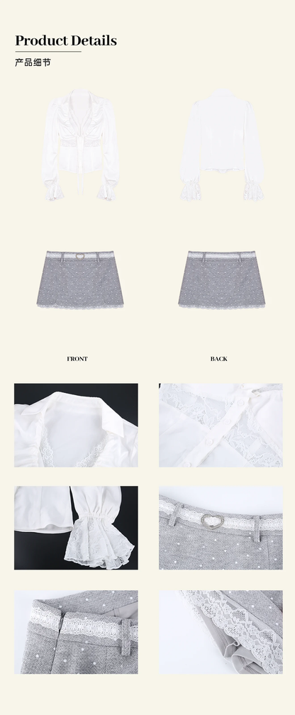 [Pre-order] Limerance Pure Desire Two-Piece Lace Tencel Shirt with Padded Bra and Polka Dot Low-Waisted Skirt
